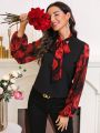 SHEIN LUNE Floral Print Patchwork Collar Tie Front Long Sleeve Shirt