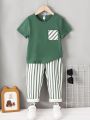 SHEIN Kids EVRYDAY Toddler Boys' Simple College Style Short Sleeve T-Shirt And Striped Pants Set For Summer