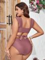 SHEIN Swim Vcay Plus Size Crossed Hem Wide Strap Top And High Waisted Triangle Bikini Bottom Set