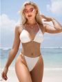 SHEIN Swim Mod Ladies' Solid Color Halter Neck Strap Swimsuit Set