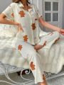 Ladies' Pajama Set With Bear And Letter Print