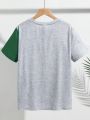 SHEIN Kids SPRTY Tween Boy Tiger & Letter Printed Color Block Short Sleeve T-Shirt With Round Neck