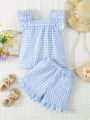 2pcs/Set Toddler Girls' Casual Gingham Flare Sleeve Square Collar Loose Top And Ruffle Hem Shorts, Suitable For Outings, Summer