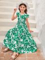 SHEIN Kids SUNSHNE Girls Floral Print Ruffle Trim Belted Dress