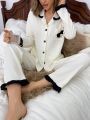 Ladies' Contrast Color Lapel Collar Long Sleeve Pajamas Set With Ear-Shaped Decoration & Long Pants