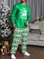 Men Christmas Elk & Letter Graphic Tee & Pants PJ Set