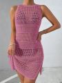 SHEIN Swim Vcay 1pc Backless Crochet Cover Up Dress With Split Hem