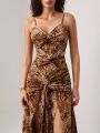 Fleur Di Lis by Marina Pereira Leopard Print Twist Front Split Thigh Cami Dress