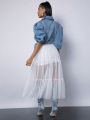 Katalyst Kouture Puff Sleeve Belted Mesh Hem Denim Dress