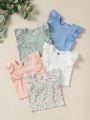 SHEIN Newborn Infant Baby Girls' Ruffled Striped Tops, Casual And Simple Fashion For Daily Wear (5pcs/Set, Spring/Summer)