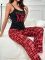 Letter Graphic Cami Top & Gingham Print Pants PJ Set