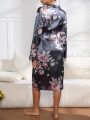 Floral Print Contrast Binding Belted Satin Robe