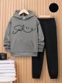 SHEIN Tween Boys' Casual Monogram Pattern Hooded Sweatshirt And Trousers Two-Piece Set