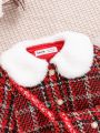 SHEIN Baby Girls' New Year's Red Plaid Patchwork Doll Collar Coat, Elastic Waist Skirt And Bag 3-piece Set