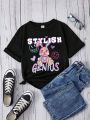 Tween Girls' Casual Cartoon Letter Print Short Sleeve T-Shirt Suitable For Summer