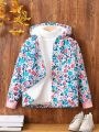 SHEIN Kids FANZEY Tween Girl Floral Print Fuzzy Lined Hooded Jacket Without Sweater