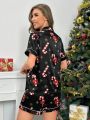 Christmas Print Contrast Piping Satin PJ Set