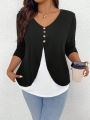 SHEIN LUNE Plus Size Color-blocking Button Detail T-shirt