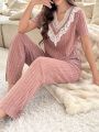 Women'S Lace Splice Short Sleeve And Pants Pajama Set