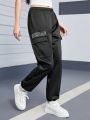 Teen Girls' Letter Embroidery Casual Sweatpants With Side Pockets