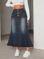 Raw Hem Denim Skirt With Washed Design