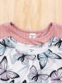 SHEIN Kids QTFun Toddler Girls' Plain Color Butterfly Pattern Loose Fit Round Neck Dress 2pcs/Set