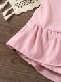 SHEIN Kids Academe Girls' Skort With Ruffle Hem And Pink Shorts