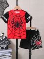 SHEIN Kids QTFun Boys' Spider Pattern Short Sleeve T-shirt And Shorts Set