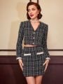 SHEIN DECDS Vintage Elegant 2pcs Plaid Tweed Jacket With Pearl Decorated Button & V-Neck Vest And High Waist Mini Skirt With Lace Hem Decoration For New Year Christmas Party