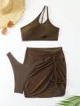 SHEIN Swim BAE Solid Color One Shoulder Drawstring Ruched Bikini Set