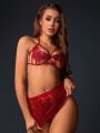 Women'S Red Embroidered Sexy Lingerie Three-Piece Set (Valentine'S Day)