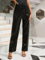 SHEIN BAE Drawstring Waist Sequined Long Pants