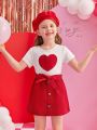 SHEIN Kids EVRYDAY Toddler Girls' 2pcs/Set Heart Embroidery Hoodie With Hat And Bowknot Design Pants, Fashionable And Cute Casual Outfit