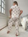 Plus Size Bear Printed Lapel Collar Pajama Set