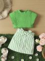 2pcs Baby Girls' Stretchy Solid Color Round Neck Top With Ruffle Trim & Striped Buttoned Skirt With Belt, Comfortable Breathable Quick Dry, Suitable For Spring And Summer