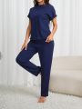 Women's Short Sleeve Stand Collar Top And Long Pants Homewear Set