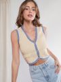 Luxe Women's Colorblock V-Neck Cropped Sweater Vest With Decorative Trim