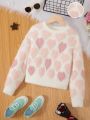 SHEIN Tween Girls Heart Pattern Fuzzy Tissue Sweater