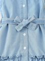 Girls' Spring Romantic And Cute Light Blue Bubble Sleeve Denim Dress Of A-Line Silhouette With Ruffle Edge And Belt