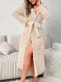 Women's Solid Color Plush Hooded Bathrobe With Waist Belt