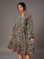 SHEIN Tall Floral Print Notched Neckline Long Sleeve Dress