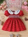 Baby Girl'S Floral Embroidery Doll Collar Love Heart Printed Short Puff Sleeve Bubble Dress