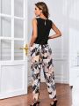 Women'S Solid Color Vest & Plant Printed Pants Set