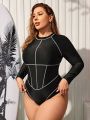 SHEIN Swim SPRTY Plus Size Women'S Raglan Sleeve One Piece Swimsuit