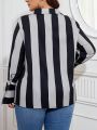 SHEIN LUNE Plus Size Women's Vertical Striped Turn-down Collar Shirt