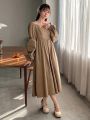 FRIFUL Women's Khaki Lantern Sleeve Dress