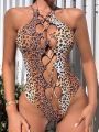 SHEIN Swim SXY Women'S Leopard Print Tie Strap One-Piece Swimsuit