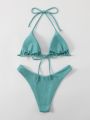 SHEIN Swim Vcay Ribbed Bikini Set Halter Micro Triangle Bra & High Cut Bottom 2 Piece Bathing Suit