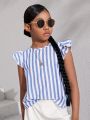 SHEIN Kids Cooltwn Girls Striped Print Ruffle Trim Button Back Blouse