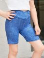 SHEIN Kids EVRYDAY Little Girls' Knitted Denim-like Casual Shorts With Stretchy Fabric